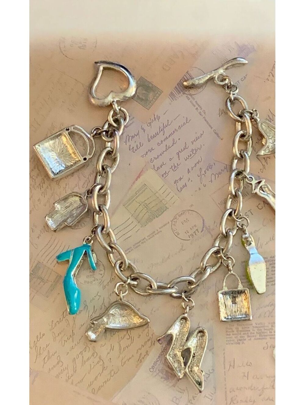 Vintage Designer Enamel Fashion Shoes And Handbags Charm Bracelet - Picture 2 of 3